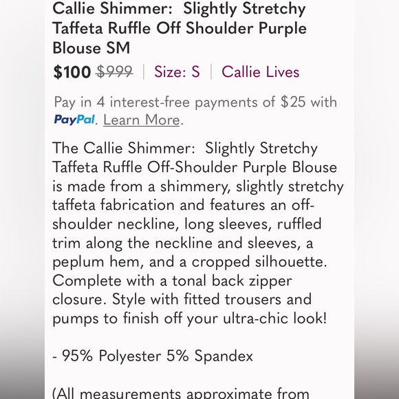Callie Shimmer:  Slightly Stretchy Taffeta Ruffle Off Shoulder Purple Blouse SM - Picture 7 of 7